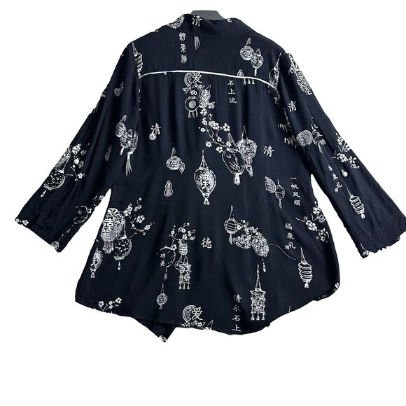 Soft Surroundings Womens Tunic Top M Asymmetrical Black Lantern Print Rayon Boho - Picture 2 of 15